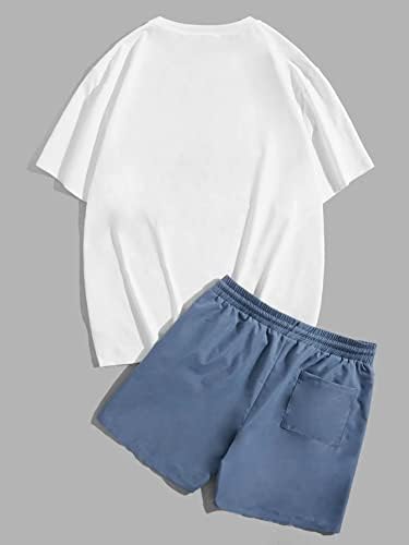 NIBHZ İki Parçalı Kıyafetler Erkekler için Erkekler İfade Baskı Tee ve İpli Bel Şort (Renk: Mavi ve Beyaz, Boyut: