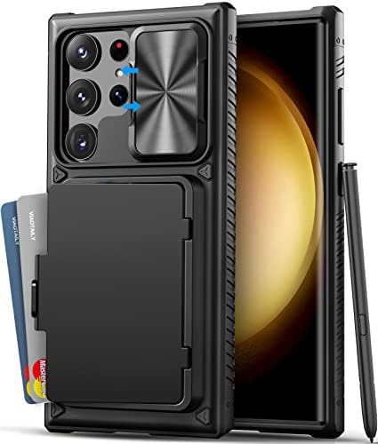 Vıaotaıly Samsung Galaxy S23 Ultra Kılıf için kart Tutucu (4 Kart) ve Slayt Kamera Koruması, Sağlam Dayanıklı Kaymaz