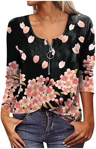 NOKMOPO Bayan Düğme Aşağı Gömlek Moda Rahat Çiçek Baskılı Yuvarlak Boyun Fermuar Uzun Kollu Üst Temel Örgü T Shirt