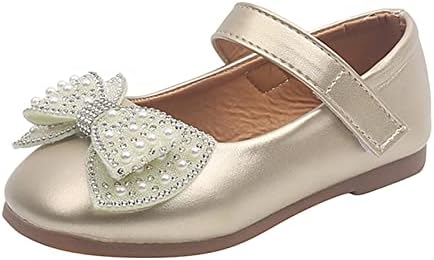Toddler çiçek kız Ayakkabı Mary Jane düz ayakkabı Rahat Kayma Yay İnciler Bale Düz Parti okul ayakkabısı (Altın, 18-24