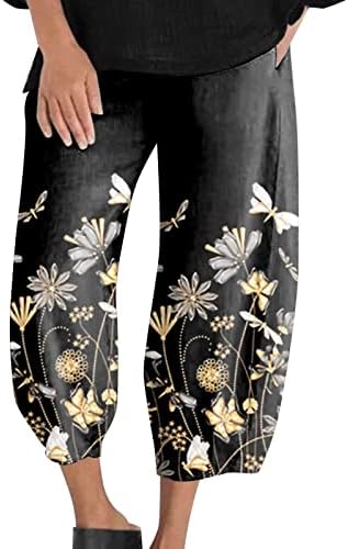 Kadınlar degrade çiçek baskı gevşek elastik pamuk cep kırpılmış pantolon gevşek pantolon kadınlar için
