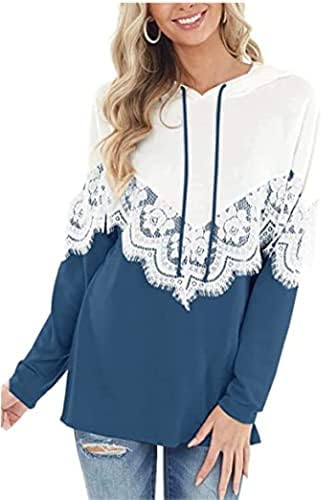 Kadınlar Uzun Kollu Çiçek Dantel Renk Moda Blok Hoodie Kazak Tops Renk Blok İpli Kapüşonlu Sweatshirt (Mavi, X-Large)