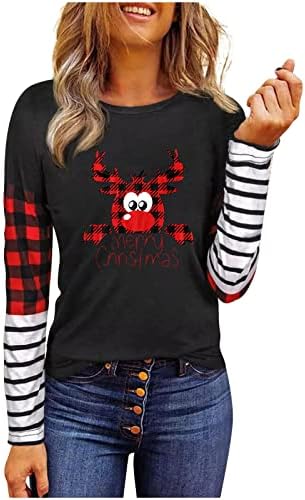 Merry Christmas T Shirt Bayan Çizgili Ekose Uzun Kollu Gömlek Noel Leopar Baskı Ağacı Gömlek Tatil Grafik Tee Tops