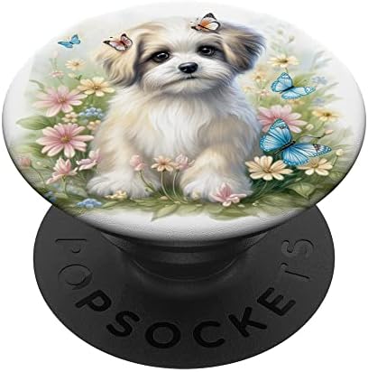 Sevimli Havanese Köpek Yavrusu Ve Çiçekler Suluboya Kelebekler PopSockets Değiştirilebilir PopGrip