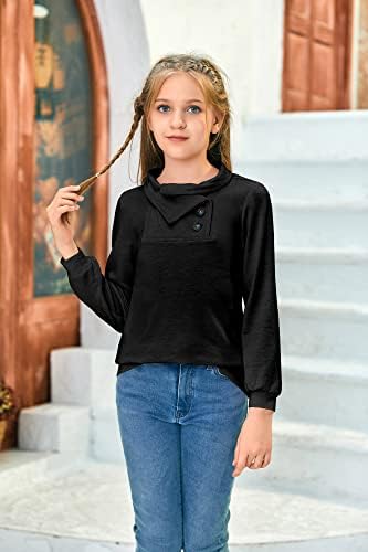 Geckatte Kızlar Uzun Kollu T-Shirt Kukuletası Boyun Düğmesi Tunik Üstleri Rahat Çocuk Kazak Tişörtü 5-14 Yıl