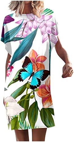 Kadınlar için yaz Elbiseler 2023 Baggy Bölünmüş Yarasa Kısa Kollu Scoop Boyun Mini Elbise Rahat Plaj Baskılı Tees