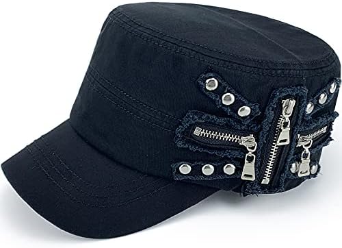 Rayna Moda Erkek Kadın Yumuşak Yıkanmış Pamuk Ayarlanabilir Düz Üst Askeri Ordu Şapka Harbiyeli Kap Zip Çiviler Nakış