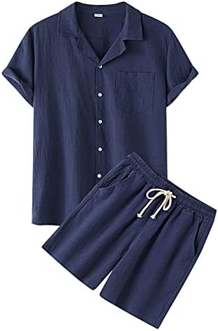 XXBR erkek 2 Parça Kıyafetler Setleri Yaz Kısa Kollu Düğme Aşağı Gömlek Pamuk Keten Şort Takım Elbise Plaj Rahat Seti