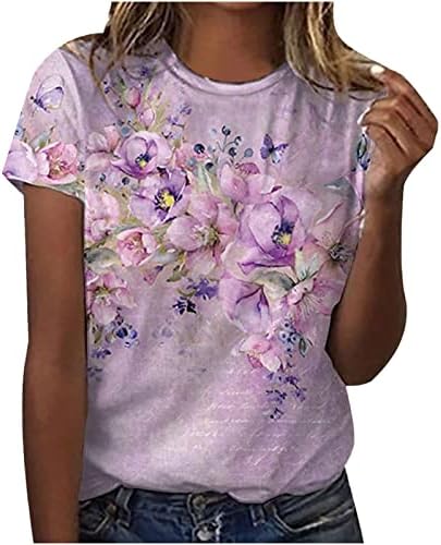 Kadın Çiçek Üstleri Kısa Kollu Crewneck Tee T Shirt Baskılı Casual Gevşek Bluzlar Temel Yaz Moda Rahat Tunik