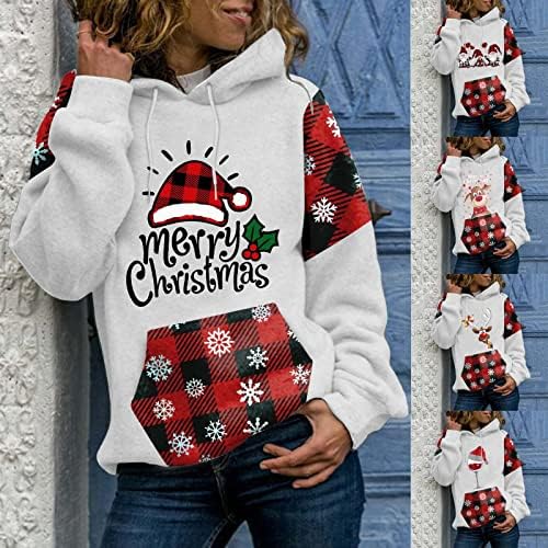 Noel kapüşonlu süveter Kadınlar için Rahat Dikiş Ekose Tişörtü Açık Pamuk Atletik Hoodie Bluz Tops