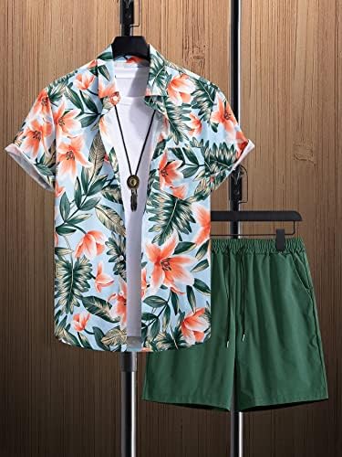 NIBHZ İki Parçalı Kıyafetler Erkekler için Erkekler Tropikal Baskı Gömlek ve İpli Bel Şort (Renk: Çok Renkli, Boyut:
