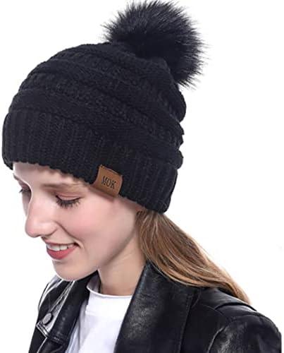 Woeoe Kış Örme Bere Şapka Siyah Kalın Kablo Kayak Kap Sahte Bulanık Pom Şapka Yumuşak Streç Kulak Wamer Yumuşak Sıcak