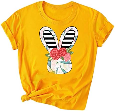 Paskalya T Shirt Kadınlar için Sevimli Tavşan Baskılı Kısa Kollu Tee Üstleri Crewneck Casual Gömlek 2023 Yaz Bluzlar