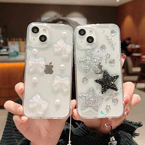 ZSYTZL iPhone 13 Kılıf ile uyumlu Temizle Sevimli 3D Kalp İnci Glitter Kelebek Kadınlar için Zincir Tasarımı ile Kawaii