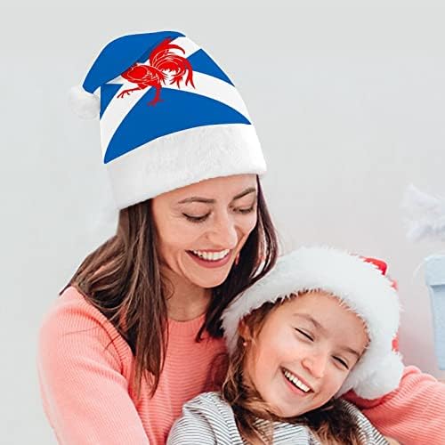 Kırmızı Horoz İskoçya Bayrağı Noel Şapka Noel Baba Şapkaları Kısa Peluş Beyaz Manşetleri Erkekler Kadınlar için Noel