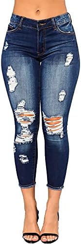MIASHUI Rahat Streç pantolon Kadınlar için kadın Yırtık Düğme İnce Diz Delik Rahat Bootcut Kot Cep Örgü