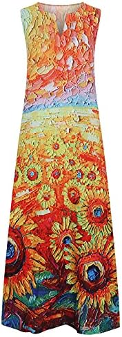 Kadın Maxi Elbise Yaz Casual Sundress V Yaka Baskı Kolsuz Uzun Elbiseler Hawaiian Plaj Maxi Elbise Cepler ile