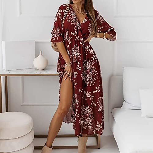 Yaz Sonbahar Kısa Kollu Bayan 2023 Moda Şifon V Boyun Maxi Uzun Çiçek Grafik Boho bir çizgi elbise Bayanlar için JQ