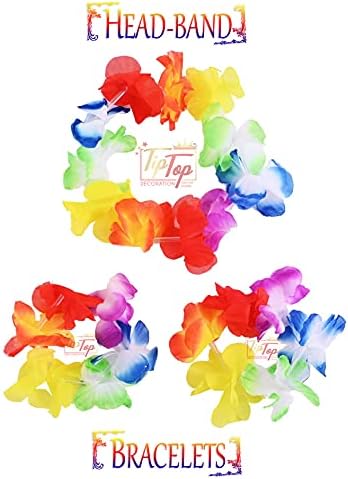 Tıptop Dekorasyon Premium Luau Hawaiian Leis Çiçek Çelenk Kolye Kafa Bandı Bilezikler (8 adet Setleri) (Otantik)
