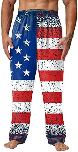 4TH Temmuz Pijama Pantolon Erkekler için Yaz Hafif Uzun Pj Dipleri Amerikan FlagElastik Bel Geniş Bacaklar Salonu